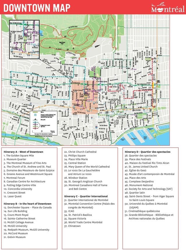 Mapa de los recorridos a pie de Montreal
