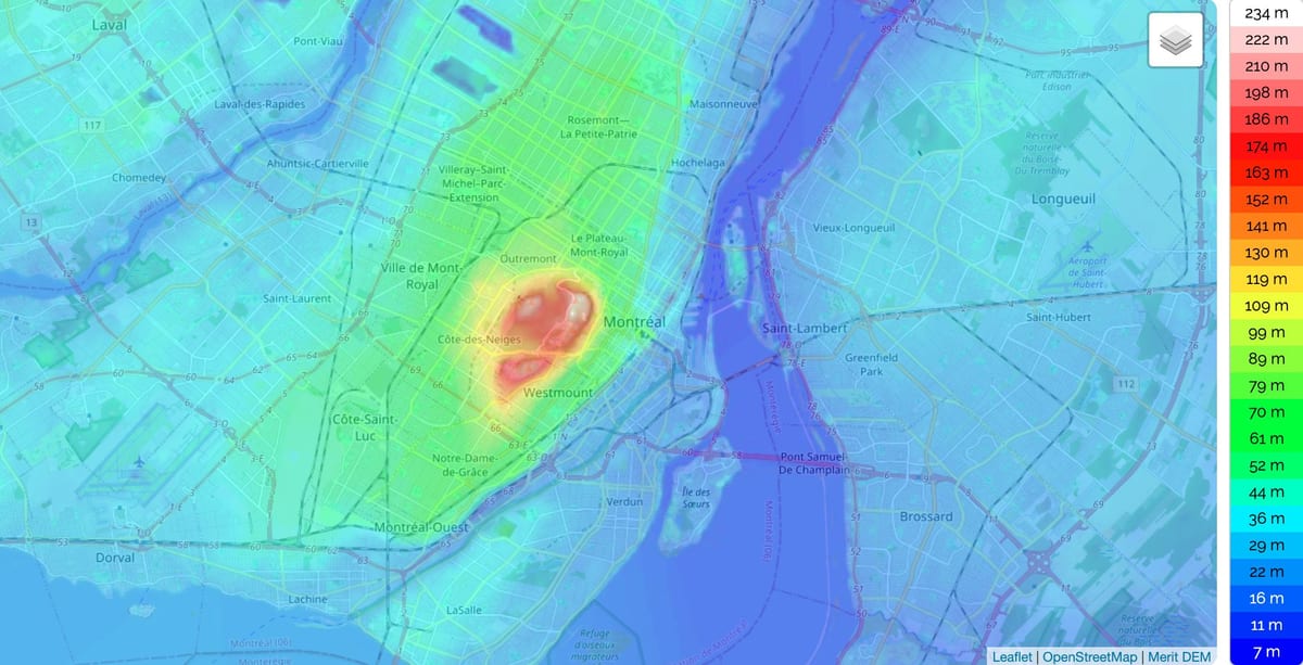 Mapa de elevación de Montreal